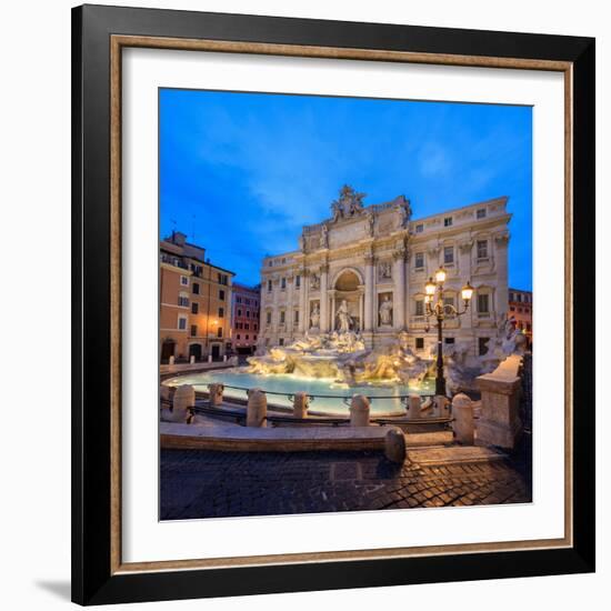 Panorama of Trevi Fountain Illuminated by Street Lamps and the Lights at Dusk, Rome, Lazio-Roberto Moiola-Framed Photographic Print