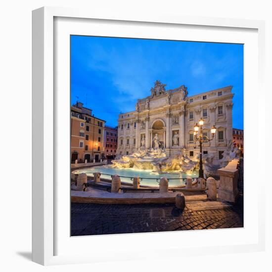Panorama of Trevi Fountain Illuminated by Street Lamps and the Lights at Dusk, Rome, Lazio-Roberto Moiola-Framed Photographic Print