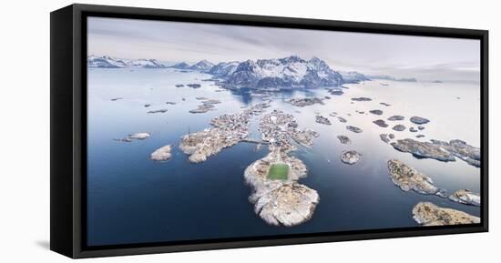 Panoramic aerial view of soccer pitch and islets, Henningsvaer, Vagan municipality, Norway-Roberto Moiola-Framed Stretched Canvas