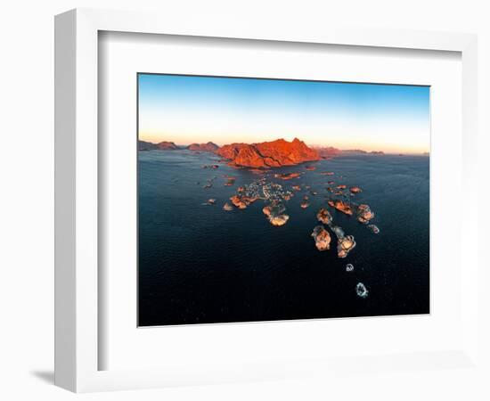 Panoramic aerial view of the fishing village of Henningsvaer and mountains at sunset-Roberto Moiola-Framed Photographic Print