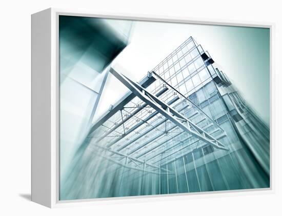 Panoramic and Perspective Wide Angle View to Steel Blue Background of Glass High Rise Building-Vladitto-Framed Stretched Canvas