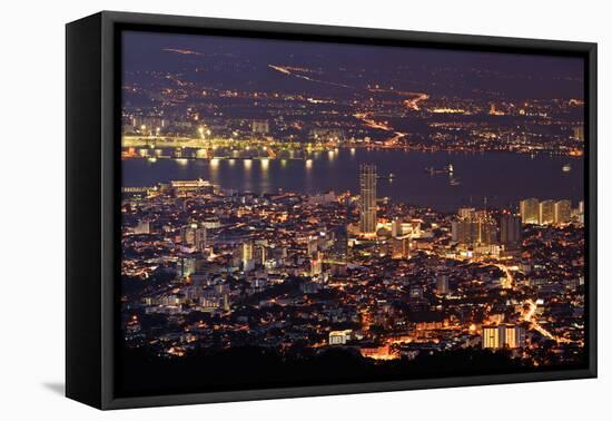 Panoramic Cityscape in Night with River and Tower in Penang, Malaysia, Asia.-elwynn-Framed Premier Image Canvas