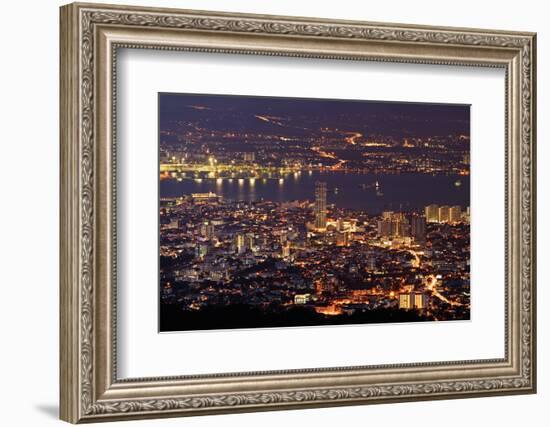 Panoramic Cityscape in Night with River and Tower in Penang, Malaysia, Asia.-elwynn-Framed Photographic Print