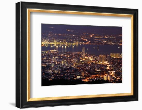 Panoramic Cityscape in Night with River and Tower in Penang, Malaysia, Asia.-elwynn-Framed Photographic Print