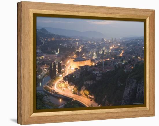 Panoramic Night View of the City, Sarajevo, Bosnia, Bosnia-Herzegovina, Europe-Christian Kober-Framed Premier Image Canvas