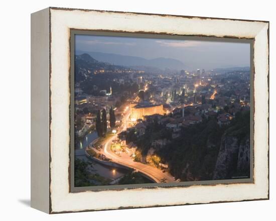 Panoramic Night View of the City, Sarajevo, Bosnia, Bosnia-Herzegovina, Europe-Christian Kober-Framed Premier Image Canvas