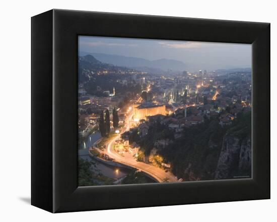 Panoramic Night View of the City, Sarajevo, Bosnia, Bosnia-Herzegovina, Europe-Christian Kober-Framed Premier Image Canvas