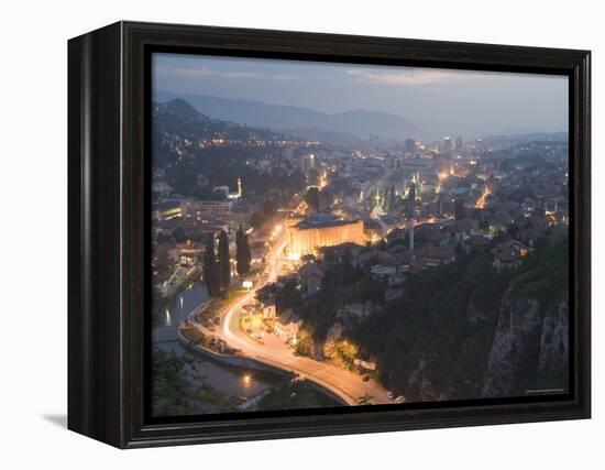 Panoramic Night View of the City, Sarajevo, Bosnia, Bosnia-Herzegovina, Europe-Christian Kober-Framed Premier Image Canvas