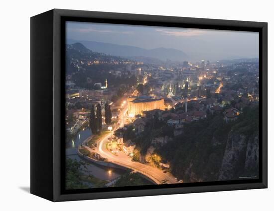 Panoramic Night View of the City, Sarajevo, Bosnia, Bosnia-Herzegovina, Europe-Christian Kober-Framed Premier Image Canvas