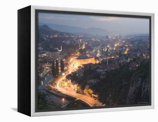 Panoramic Night View of the City, Sarajevo, Bosnia, Bosnia-Herzegovina, Europe-Christian Kober-Framed Premier Image Canvas