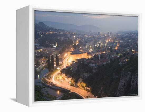 Panoramic Night View of the City, Sarajevo, Bosnia, Bosnia-Herzegovina, Europe-Christian Kober-Framed Premier Image Canvas