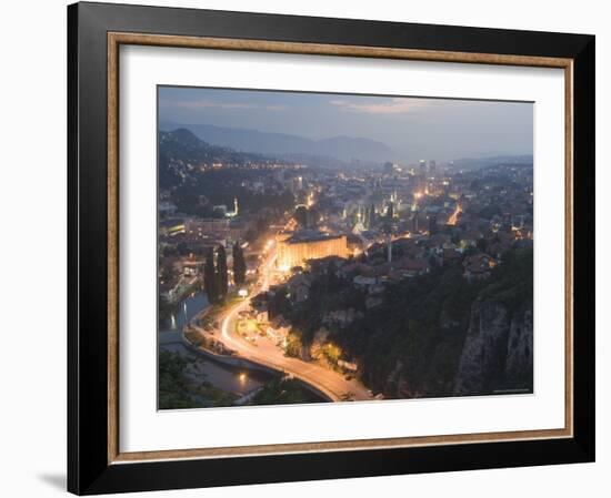 Panoramic Night View of the City, Sarajevo, Bosnia, Bosnia-Herzegovina, Europe-Christian Kober-Framed Photographic Print