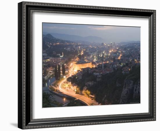 Panoramic Night View of the City, Sarajevo, Bosnia, Bosnia-Herzegovina, Europe-Christian Kober-Framed Photographic Print