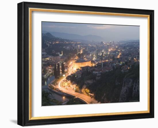 Panoramic Night View of the City, Sarajevo, Bosnia, Bosnia-Herzegovina, Europe-Christian Kober-Framed Photographic Print