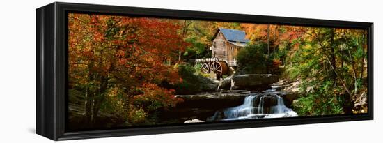 Panoramic of Glade Creek Grist Mil and Autumn Reflections and Waterfall in Babcock State Park, Wv-null-Framed Stretched Canvas