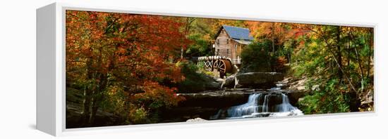 Panoramic of Glade Creek Grist Mil and Autumn Reflections and Waterfall in Babcock State Park, Wv-null-Framed Stretched Canvas