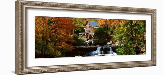 Panoramic of Glade Creek Grist Mil and Autumn Reflections and Waterfall in Babcock State Park, Wv-null-Framed Photographic Print