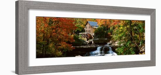 Panoramic of Glade Creek Grist Mil and Autumn Reflections and Waterfall in Babcock State Park, Wv-null-Framed Photographic Print