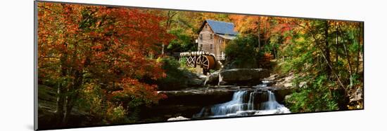 Panoramic of Glade Creek Grist Mil and Autumn Reflections and Waterfall in Babcock State Park, Wv-null-Mounted Photographic Print