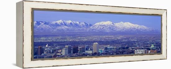 Panoramic Sunset of Salt Lake City with Snow Capped Wasatch Mountains-null-Framed Stretched Canvas