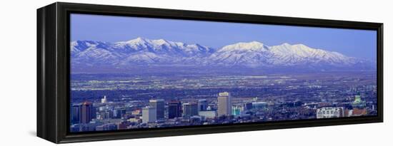 Panoramic Sunset of Salt Lake City with Snow Capped Wasatch Mountains-null-Framed Stretched Canvas