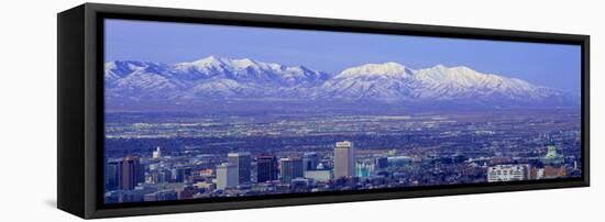 Panoramic Sunset of Salt Lake City with Snow Capped Wasatch Mountains-null-Framed Stretched Canvas