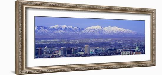 Panoramic Sunset of Salt Lake City with Snow Capped Wasatch Mountains-null-Framed Photographic Print