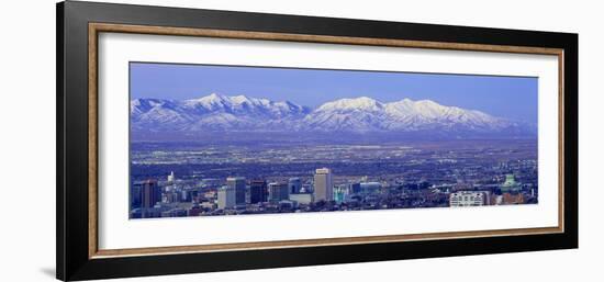 Panoramic Sunset of Salt Lake City with Snow Capped Wasatch Mountains-null-Framed Photographic Print