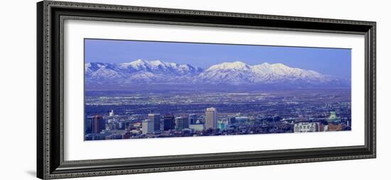 Panoramic Sunset of Salt Lake City with Snow Capped Wasatch Mountains-null-Framed Photographic Print