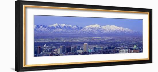 Panoramic Sunset of Salt Lake City with Snow Capped Wasatch Mountains-null-Framed Photographic Print