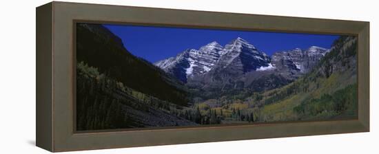 Panoramic View of Autumn Colors of Aspens Reflecting in Lake under Maroon Bells-null-Framed Stretched Canvas