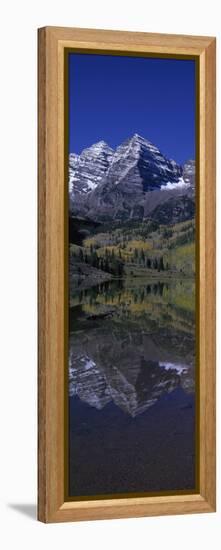 Panoramic View of Autumn Colors of Aspens Reflecting in Lake under Maroon Bells-null-Framed Stretched Canvas