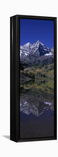 Panoramic View of Autumn Colors of Aspens Reflecting in Lake under Maroon Bells-null-Framed Stretched Canvas