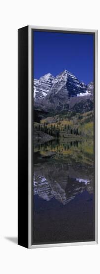 Panoramic View of Autumn Colors of Aspens Reflecting in Lake under Maroon Bells-null-Framed Stretched Canvas