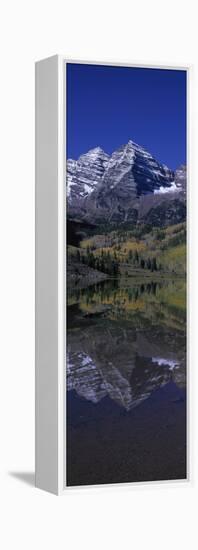 Panoramic View of Autumn Colors of Aspens Reflecting in Lake under Maroon Bells-null-Framed Stretched Canvas