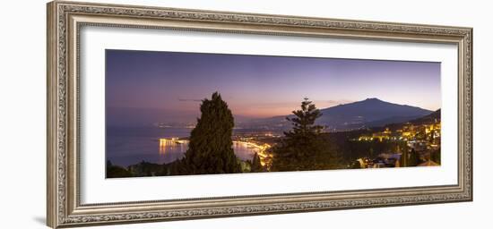 Panoramic view of Mount Etna and Giardini Naxos at dusk from Taormina, Sicily, Italy, Mediterranean-John Miller-Framed Photographic Print