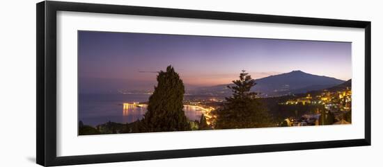 Panoramic view of Mount Etna and Giardini Naxos at dusk from Taormina, Sicily, Italy, Mediterranean-John Miller-Framed Photographic Print