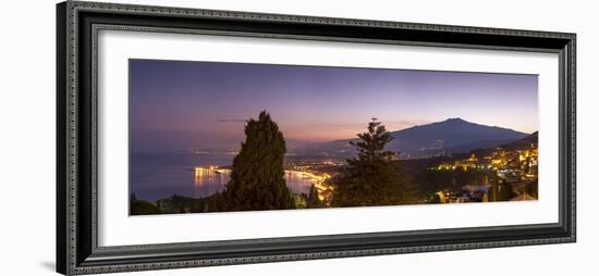 Panoramic view of Mount Etna and Giardini Naxos at dusk from Taormina, Sicily, Italy, Mediterranean-John Miller-Framed Photographic Print