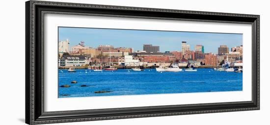 Panoramic view of Portland Harbor boats with south Portland skyline, Portland, Maine-null-Framed Photographic Print