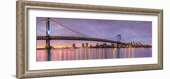 Panoramic View of the Ben Franklin Bridge and Philadelphia Skyline, under a Purple Sunset-Mihai Andritoiu-Framed Photographic Print