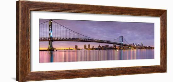 Panoramic View of the Ben Franklin Bridge and Philadelphia Skyline, under a Purple Sunset-Mihai Andritoiu-Framed Photographic Print