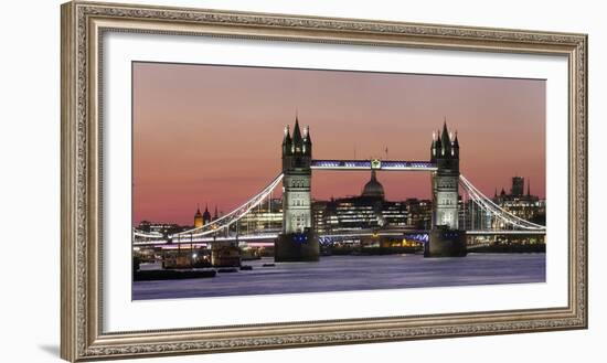 Panoramic view of Tower Bridge framing St. Paul's Cathedral at dusk, London, England-Charles Bowman-Framed Photographic Print