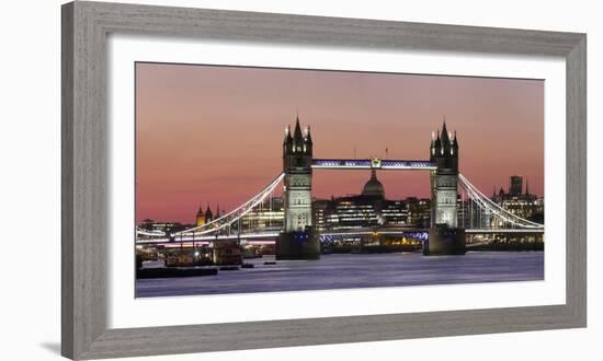 Panoramic view of Tower Bridge framing St. Paul's Cathedral at dusk, London, England-Charles Bowman-Framed Photographic Print