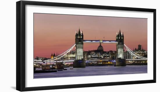 Panoramic view of Tower Bridge framing St. Paul's Cathedral at dusk, London, England-Charles Bowman-Framed Photographic Print