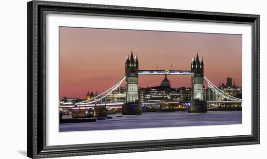 Panoramic view of Tower Bridge framing St. Paul's Cathedral at dusk, London, England-Charles Bowman-Framed Photographic Print