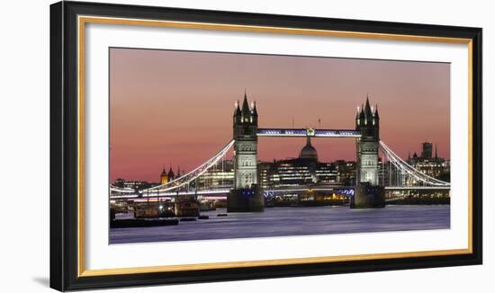 Panoramic view of Tower Bridge framing St. Paul's Cathedral at dusk, London, England-Charles Bowman-Framed Photographic Print