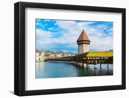 Panoramic View of Wooden Chapel Bridge and Old Town of Lucerne, Switzerland-TheYok-Framed Photographic Print