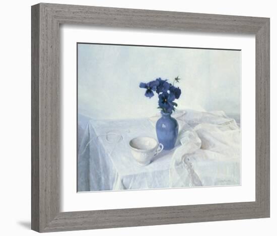 Pansies in a Blue Vase-Arthur Easton-Framed Art Print