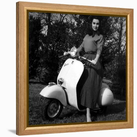 Paola Mori on a Vespa During Her Honeymoon with Orsonwelles in South of France, May 1955-null-Framed Stretched Canvas
