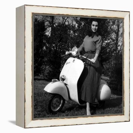 Paola Mori on a Vespa During Her Honeymoon with Orsonwelles in South of France, May 1955-null-Framed Stretched Canvas